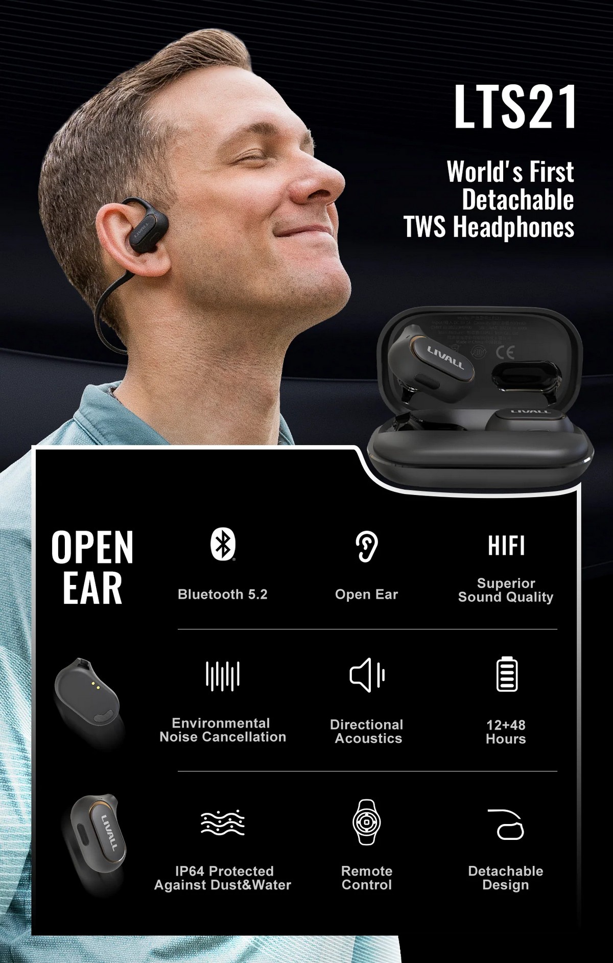 Sportske bežične slušalice s bluetoothom - odvojivi dizajn s otvorenim ušima
