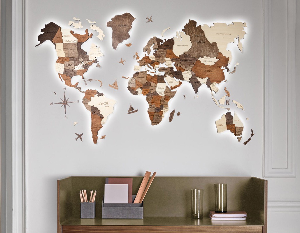 3D slika na zidnim kartama svijeta