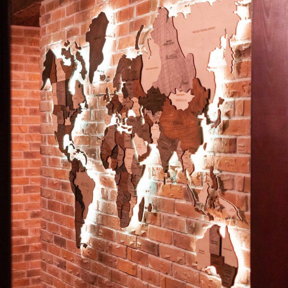 drvena karta svijeta zidna umjetnost s led svjetlom