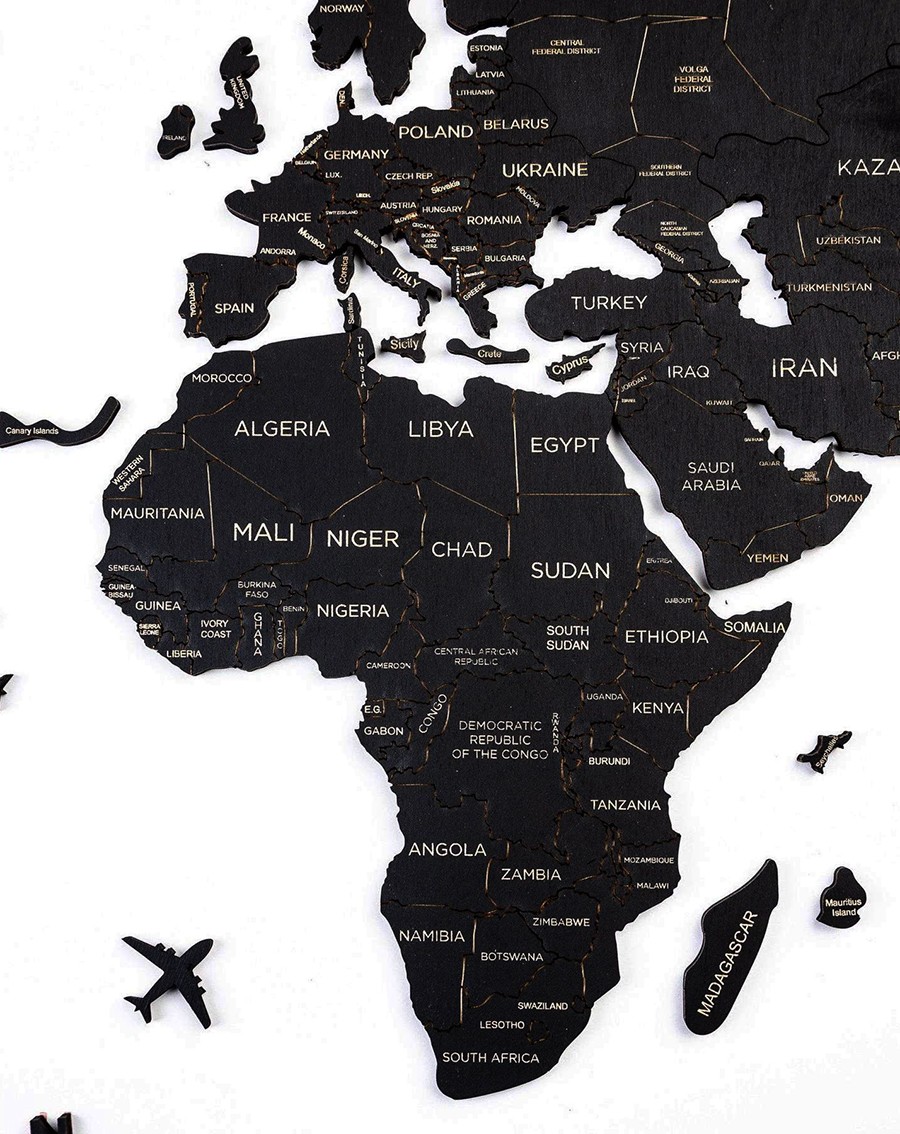 svjetska drvena karta na zidnim kontinentima crna boja