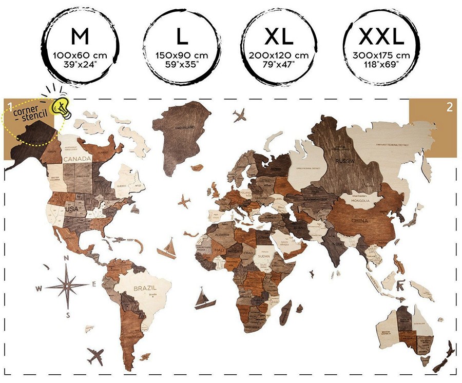 3D zidna karta svijeta XL